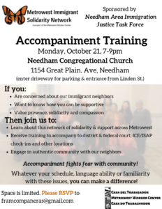 Accompaniment training on Oct 21 at 7pm at the Congregational Church in Needham.